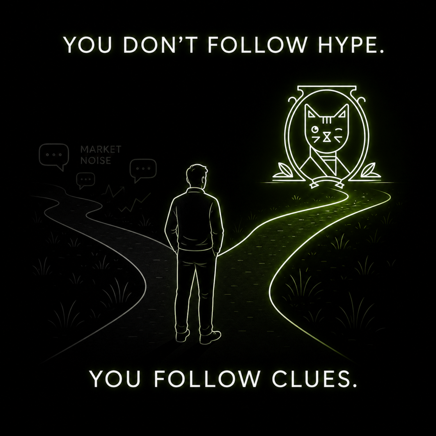 A figure follows clues toward Winkcat instead of market hype